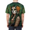 Green swirls and Dia de los Muertos skulls adorn this all over print t-shirt featuring a decorated woman.