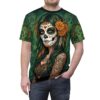 Green and orange floral skulls adorn this all over print t-shirt featuring a Dia de los Muertos woman.
