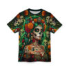 Vibrant marigolds and teal skulls pop on this sublimation print tee, showcasing a rich dark background with intricate lace and floral embroidery detail.