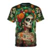 Vibrant marigold and emerald tones pop on this 360-degree graphic tee, showcasing sugar skulls and floral motifs printed on soft, smooth fabric.