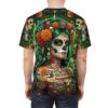 Celebrate with this 360-degree graphic tee, showcasing vibrant marigolds, teal hair, and intricate sugar skull patterns on soft fabric.