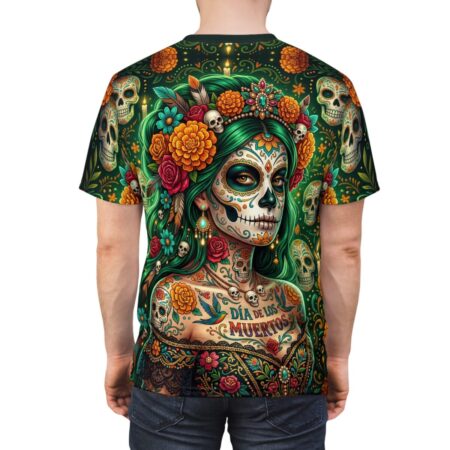 Celebrate with this 360-degree graphic tee, showcasing vibrant marigolds, teal hair, and intricate sugar skull patterns on soft fabric.