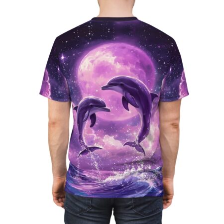 Purple and pink celestial clouds surround two leaping dolphins against a large pink moon, all over print apparel with vibrant cosmic details.