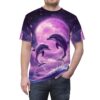 Two purple dolphins leap from splashing waves beneath a large pink moon against a starry purple galaxy sky.