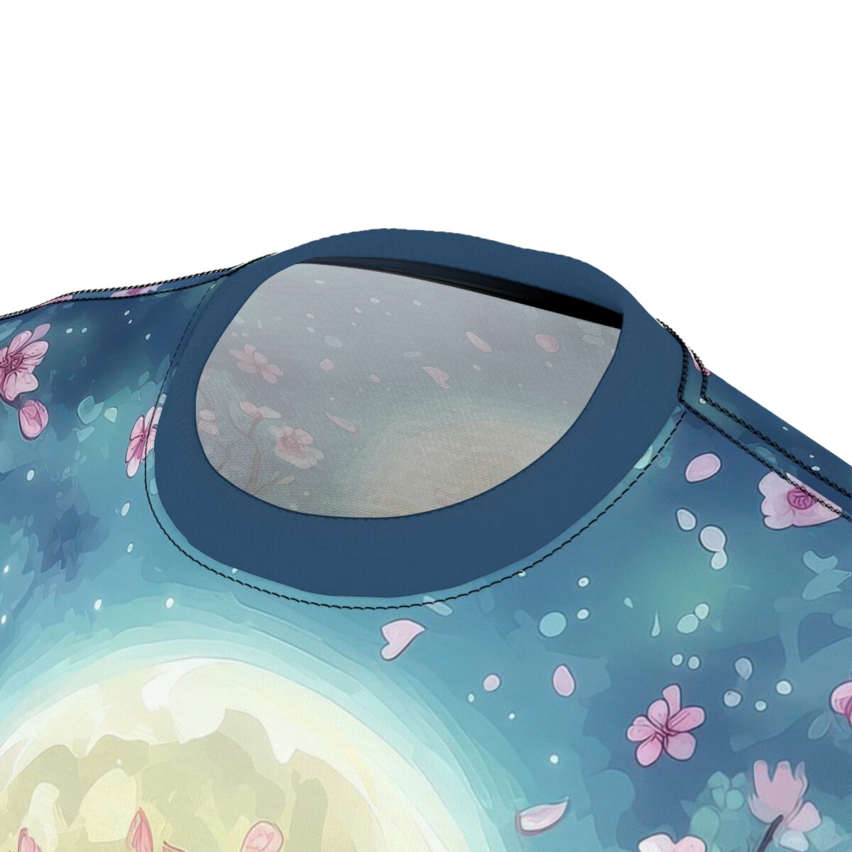 Pink cherry blossoms and falling petals cover this all over print apparel, set against a dreamy teal background with a glowing moon.