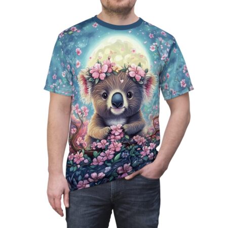 Whimsical floral patterns and a radiant moon populate this all over print apparel, featuring a cute koala surrounded by blooming pink flowers.