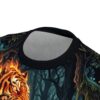 Fiery tiger amidst a mystical forest on this all over print t-shirt. Dark trees, glowing flora.