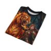 Fiery tiger and warrior woman in armor on a dark forest background. This all over print t-shirt captures a mythical scene.