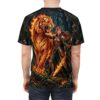 Fiery tiger and warrior in a mystical forest, rendered on an all over print t-shirt.
