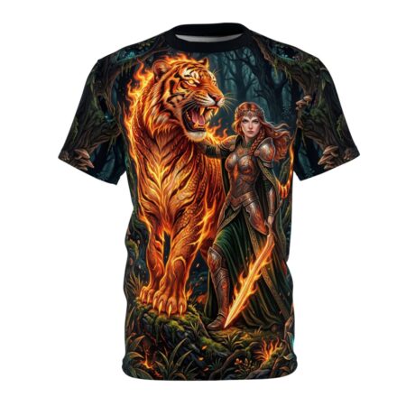 Fiery tiger and warrior in a dark forest setting, detailed all over print t-shirt.