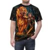Fiery tiger and warrior in a dark forest, all over print t-shirt with detailed armor and flowing hair.