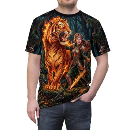 Fiery tiger and warrior in a dark forest, all over print t-shirt with detailed armor and flowing hair.