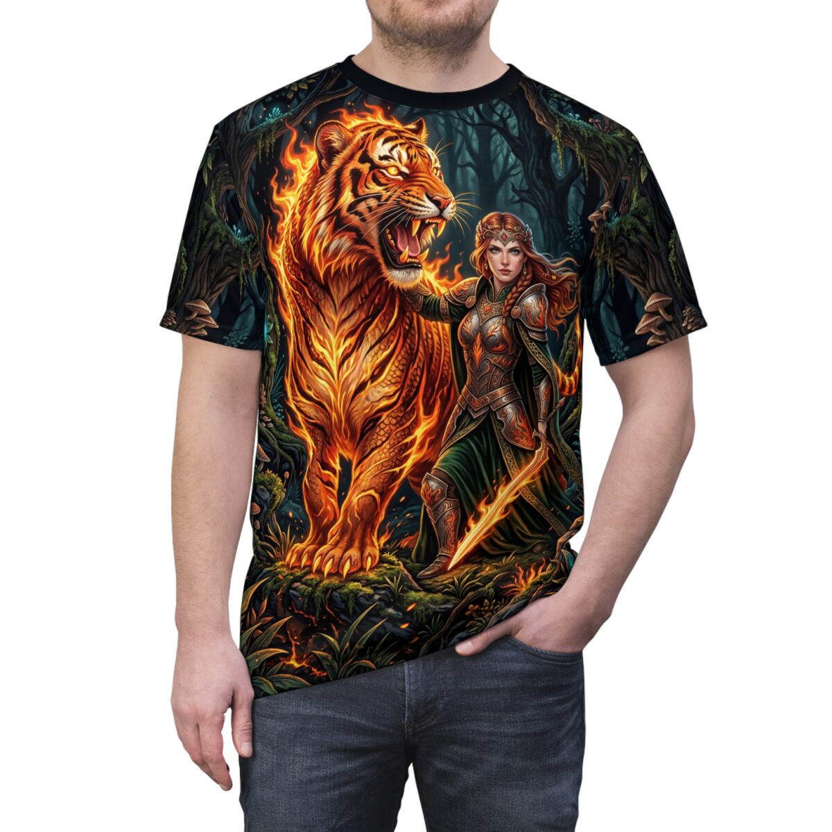 Fiery tiger and warrior in a dark forest, all over print t-shirt with detailed armor and flowing hair.