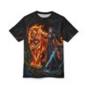 Fiery tiger and warrior in dark forest on this all over print t-shirt.