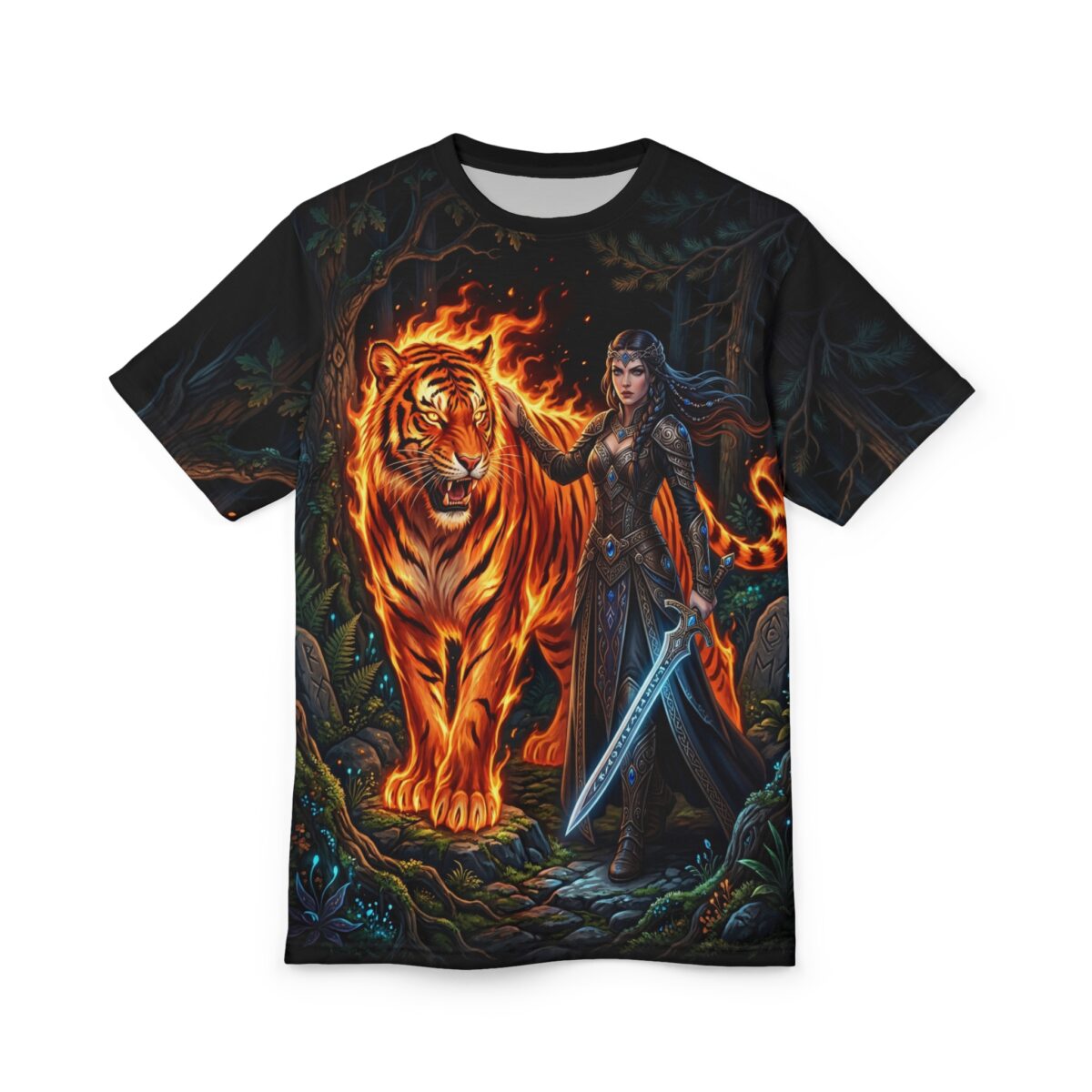 Fiery tiger and warrior in dark forest on this all over print t-shirt.