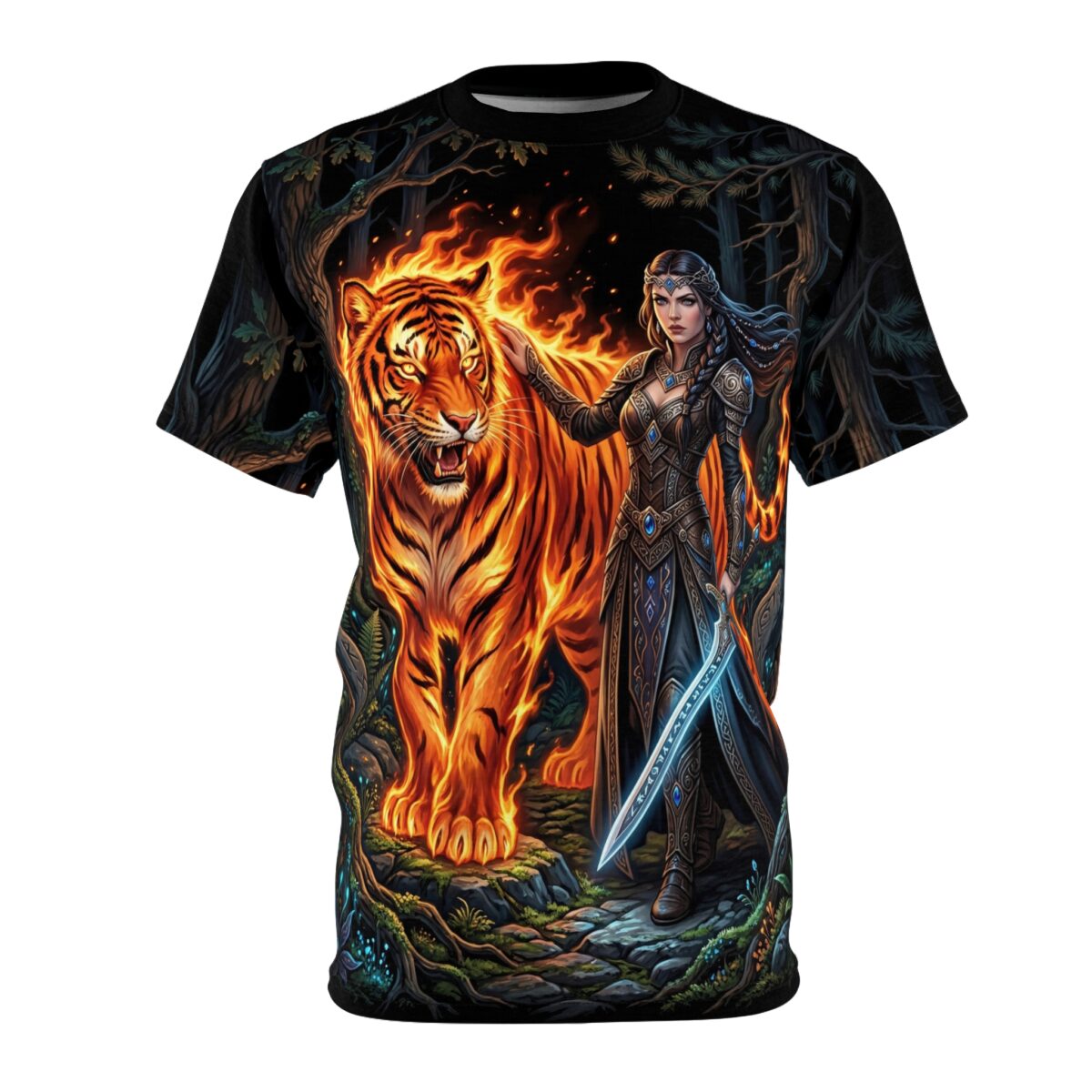 Fiery tiger and warrior woman in a dark forest on this all over print t-shirt.