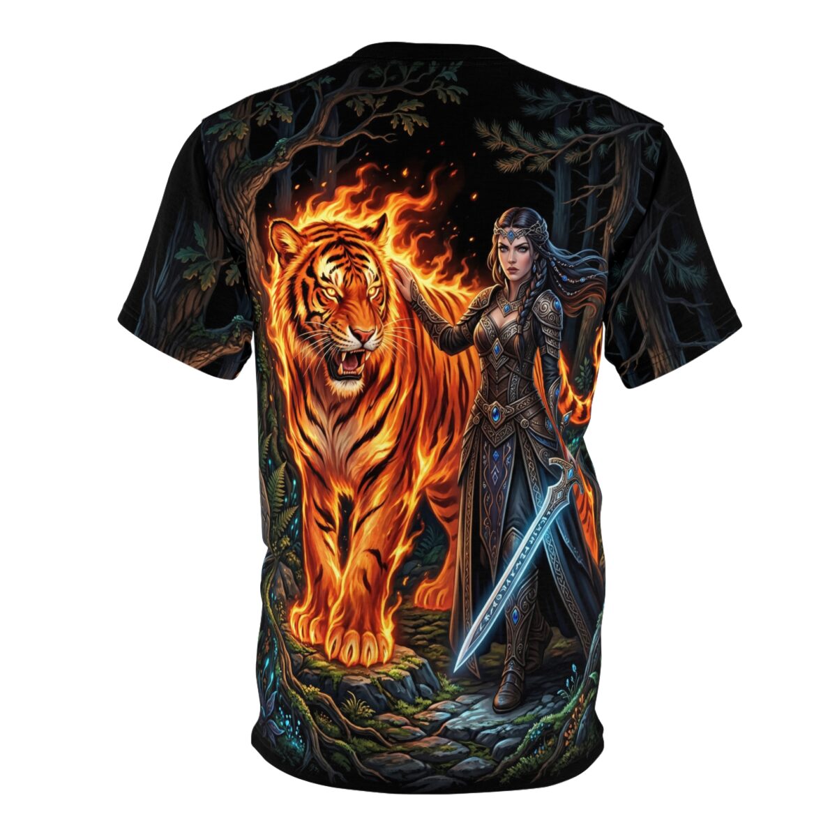 Fiery tiger and warrior in a forest scene, printed across this all over print t-shirt.