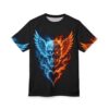 Cool blue icy flames and hot orange fiery flames frame a skull with wings, creating a heart shape below. This all over print apparel showcases intense elemental forces.