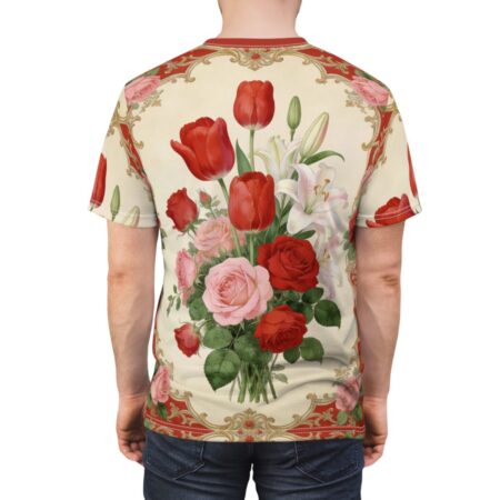 Vibrant floral bouquet with red tulips and roses on unique graphic apparel, featuring a 360 wrap-around design with a vibrant seamless print.