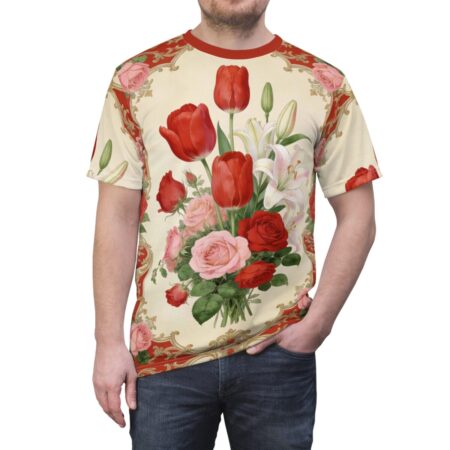 Vintage floral tee with red tulips and roses, featuring a **360 wrap-around design** and **vibrant seamless print**.