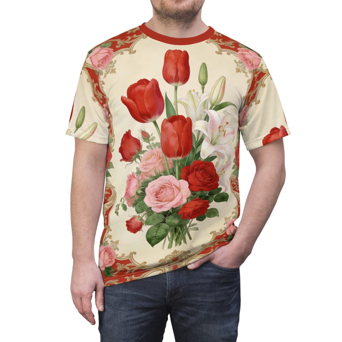 Vintage floral tee with red tulips and roses, featuring a **360 wrap-around design** and **vibrant seamless print**.