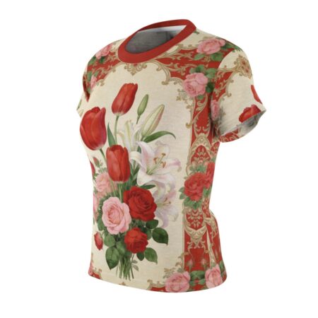 This women's tee features a **vibrant seamless print** of vintage roses, tulips, and lilies with a **360 wrap-around design** for unique graphic apparel.