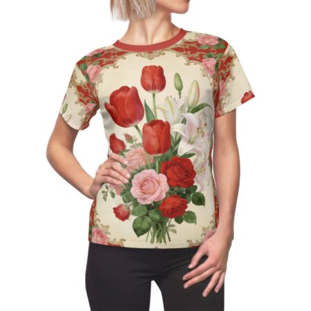 Vibrant seamless print features a stunning bouquet of vintage roses and tulips with a 360 wrap-around design for unique graphic apparel.