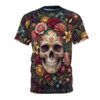Vibrant sugar skulls and intricate floral blooms create a seamless pattern that covers every inch of this Memento Vivere graphic tee.