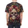 Intricate floral sugar skull art adorns this t-shirt with a 360-degree graphic that wraps vivid blossoms and ornate skull details across every inch of the fabric.