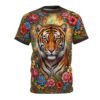 A tiger's face peers through a vibrant floral wreath in this all over print t-shirt.