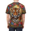 Vibrant tiger face surrounded by a lush floral wreath on a dark background, part of an all over print t-shirt.