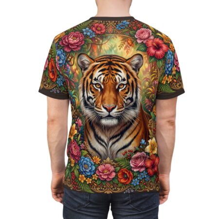 Vibrant tiger face surrounded by a lush floral wreath on a dark background, part of an all over print t-shirt.