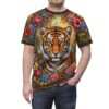 A majestic tiger's face is framed by vibrant, colorful flowers and lush greenery on this all over print t-shirt.