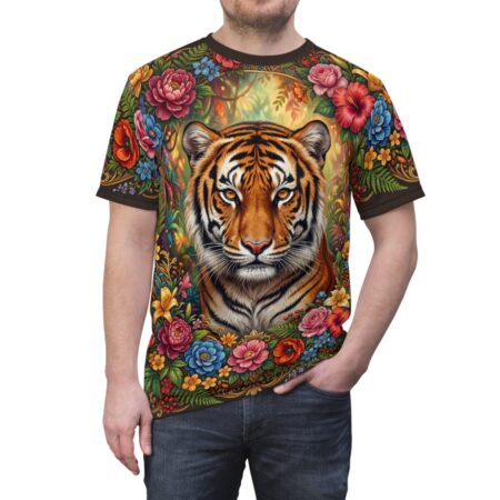 A majestic tiger's face is framed by vibrant, colorful flowers and lush greenery on this all over print t-shirt.