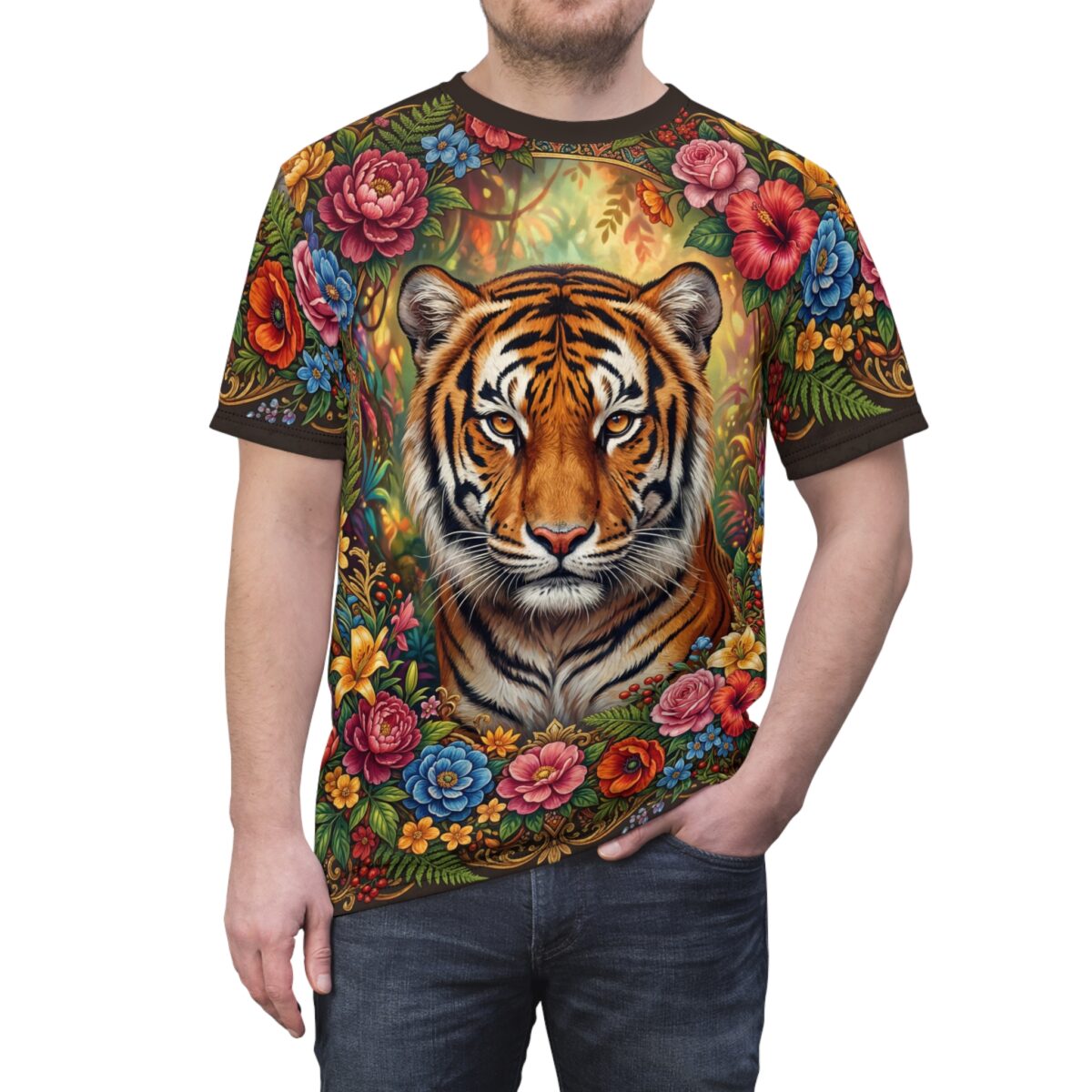 A majestic tiger's face is framed by vibrant, colorful flowers and lush greenery on this all over print t-shirt.