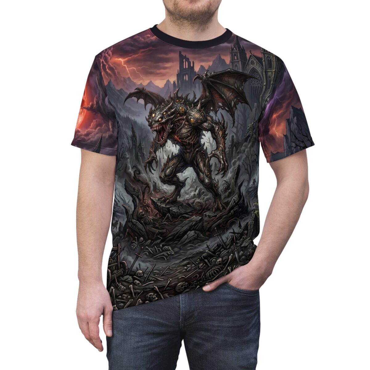 Gothic demon in fiery ruins with skulls and bones, featuring a 360 wrap-around design with a vibrant seamless print.