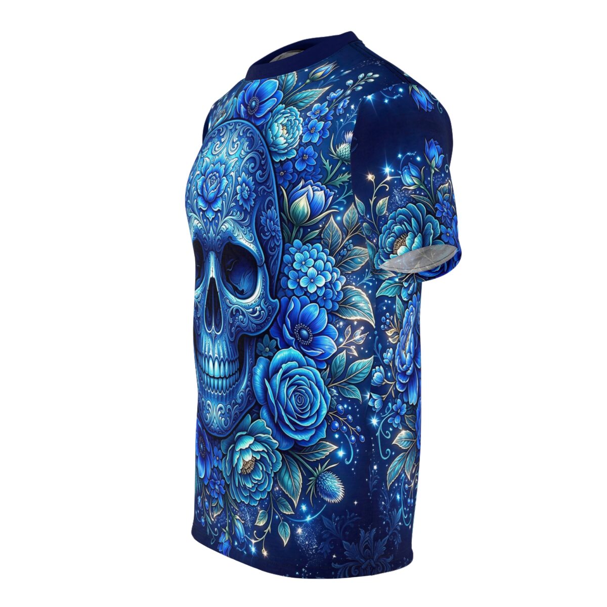 Blue sugar skulls and intricate floral patterns wrap around this tee in a vibrant all-over print that spans every inch of the fabric from sleeve to hem.