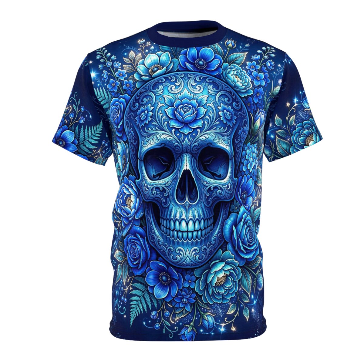 Blue sugar skulls and intricate floral patterns wrap around this tee in a vibrant 360-degree graphic that covers every inch of the fabric from front to back.