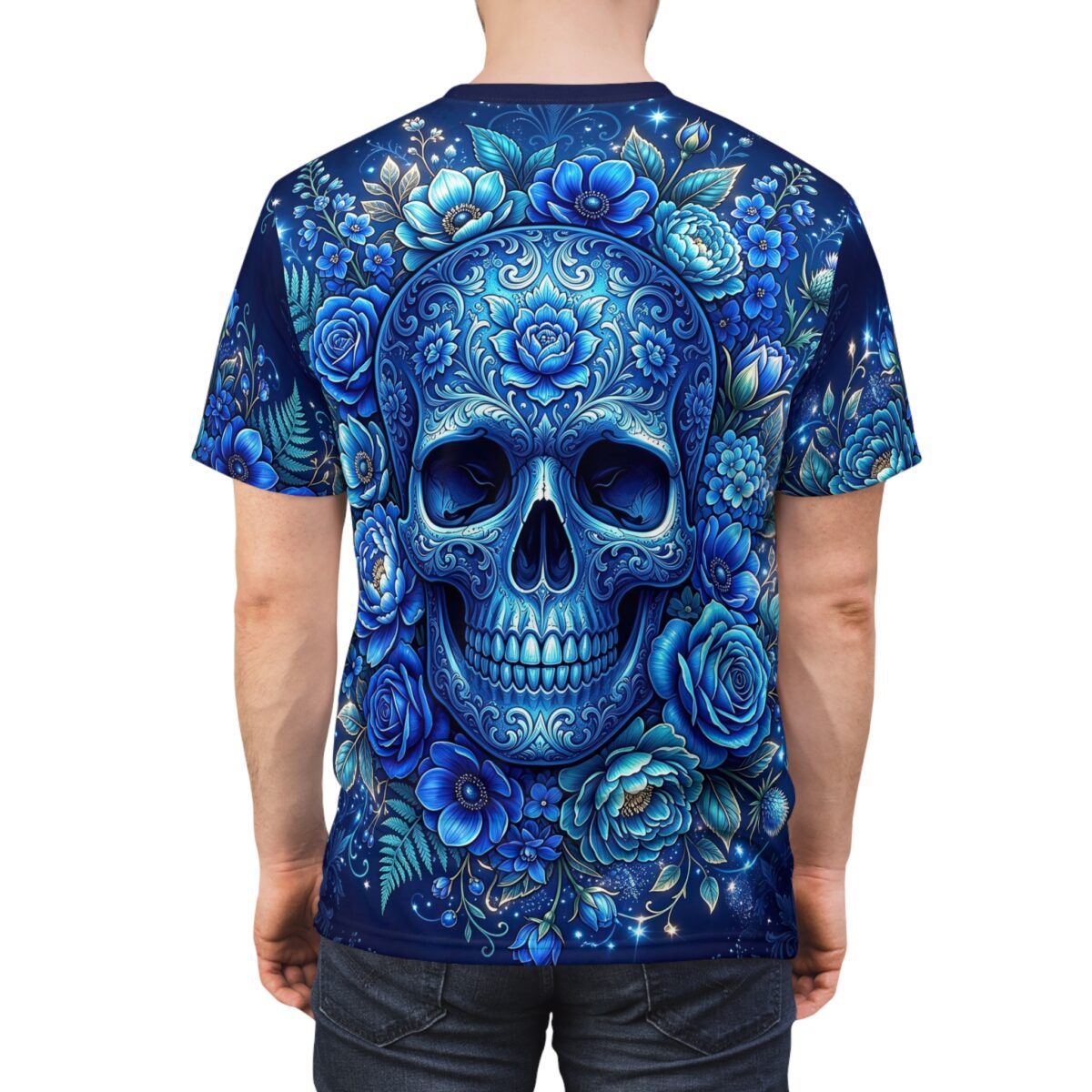 Vibrant blue sugar skulls and intricate floral blossoms cover every inch of this garment in a high-quality all-over print that spans from sleeve to hem.