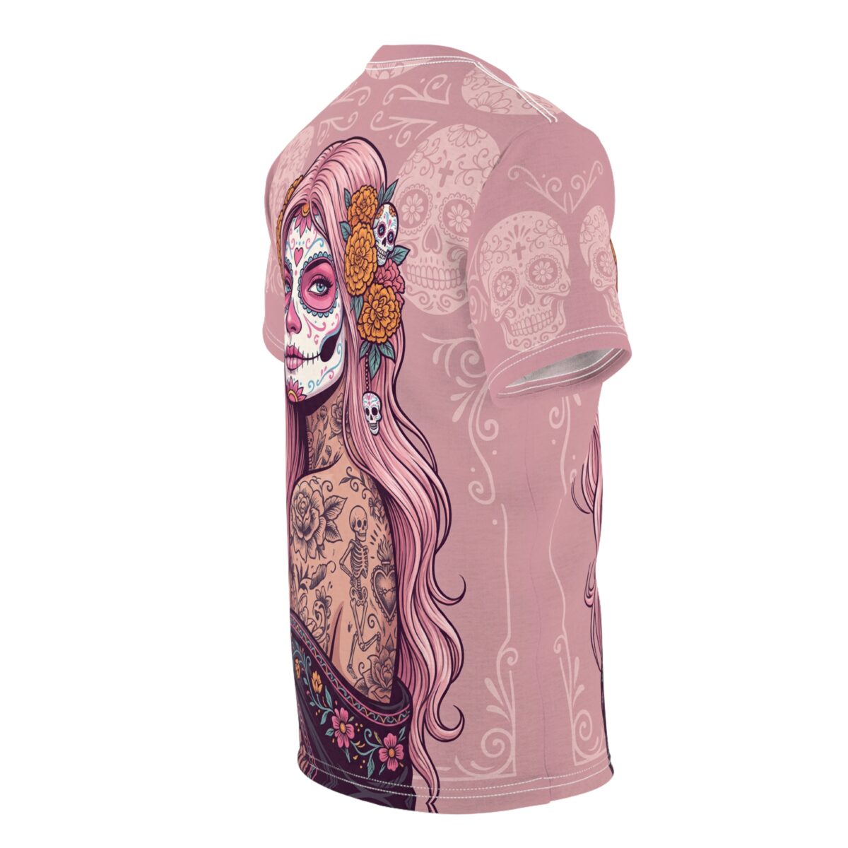 Pink all over print t-shirt with a sugar skull woman, floral accents, and swirling patterns.