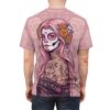 Pink floral calavera all over print t-shirt with detailed sugar skull face and tattoos.