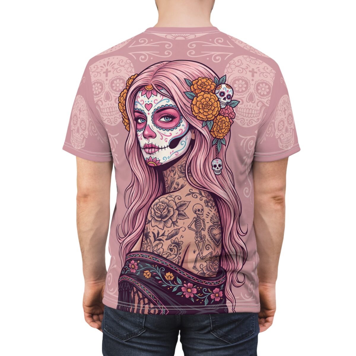 Pink floral calavera all over print t-shirt with detailed sugar skull face and tattoos.