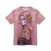 Pink floral calavera art covers this all over print t-shirt, featuring intricate skulls and swirling patterns.