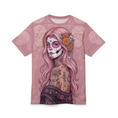Pink floral calavera art covers this all over print t-shirt, featuring intricate skulls and swirling patterns.