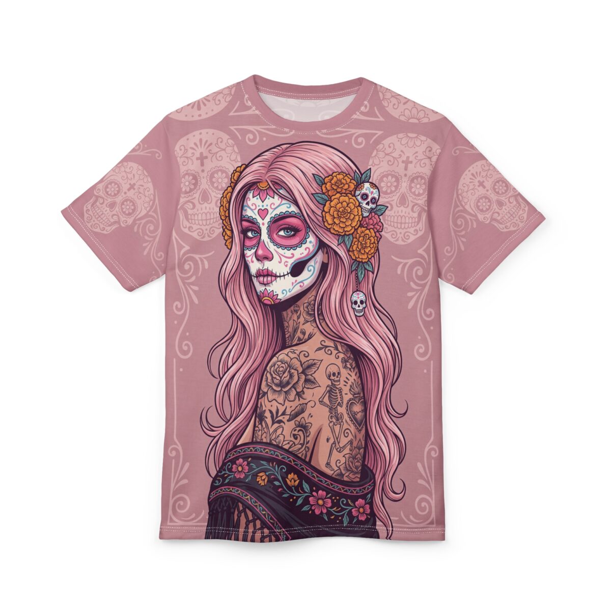 Pink floral calavera art covers this all over print t-shirt, featuring intricate skulls and swirling patterns.