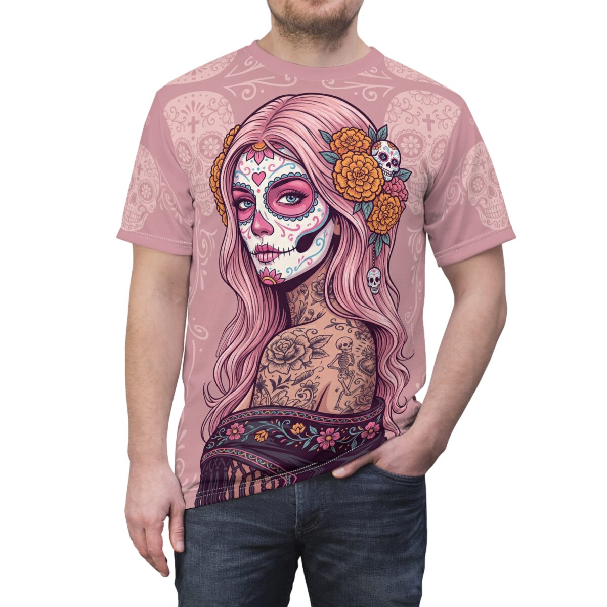 Pink background with floral sugar skull calavera graphic, this is an all over print t-shirt.