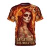 Vibrant La Catrina artwork displays a 360-degree graphic that flows seamlessly across the entire fabric, covering the front and sleeves in fiery sugar skull tones.