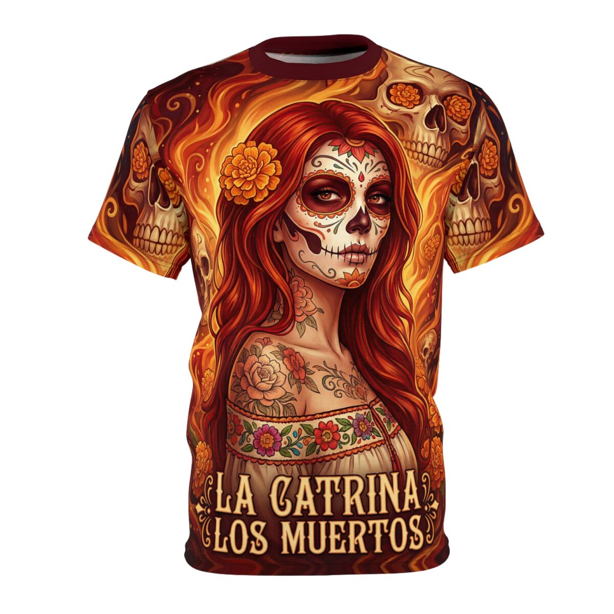 Vibrant La Catrina artwork displays a 360-degree graphic that flows seamlessly across the entire fabric, covering the front and sleeves in fiery sugar skull tones.