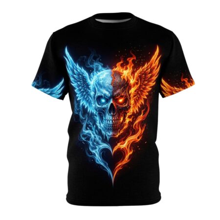Blue flames and icy textures adorn the left side of this sublimation graphic tee, contrasting with fiery red and orange flames on the right, depicting a winged skull with a heart shape formed from smoke and fire.