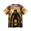 A menacing ape in tactical gear crouches in a ruined city, its image covering this all over print t-shirt.